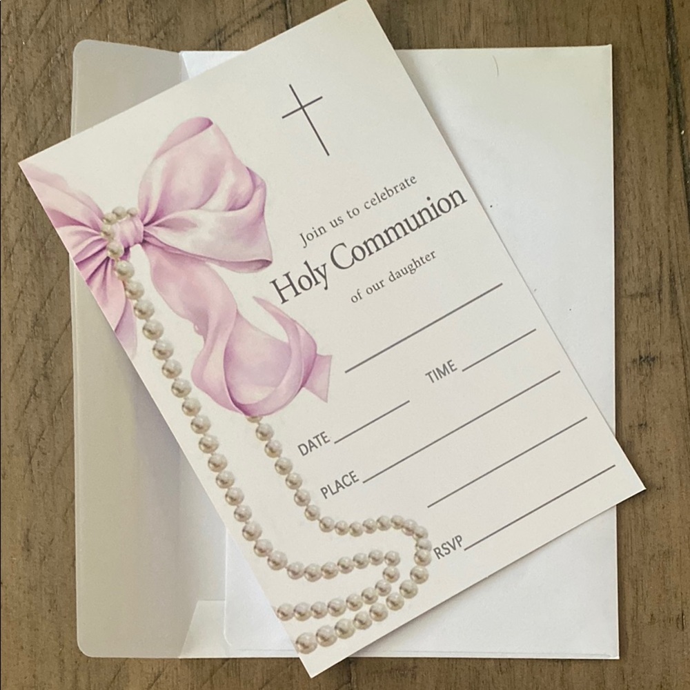 Pink Bow and Pearl Holy Communion Invitation